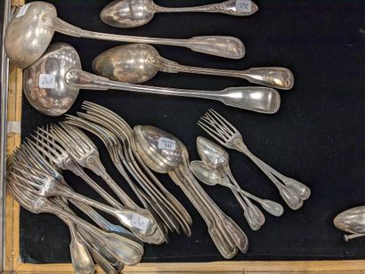 null Set of silver plated cutlery, net pattern, mismatched, including: nineteen large...