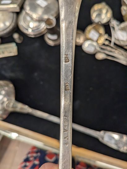null Stew spoon in silver, uni-flat model. Engraved with a monogram. Hallmark of...