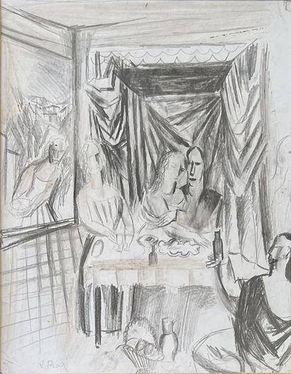 null Valentine PRAX (1897-1981): AT THE RESTAURANT. Pencil and highlights, signed...