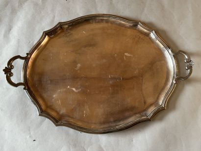 null Oval serving tray in silver plated metal with contour border, the handles with...