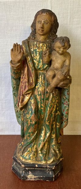null Statuette of Virgin and Child in carved wood painted polychrome and enhanced...