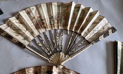 null Four fans, the mounts in ivory or bone with pierced, gilded or silvered decoration,...