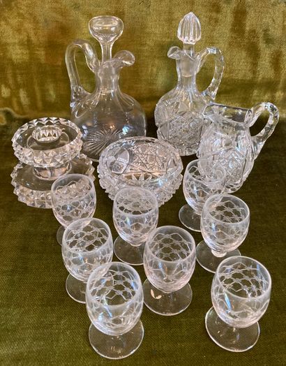 null Cut crystal trinkets: candle holder, Saint Louis; pair of flasks with handle...