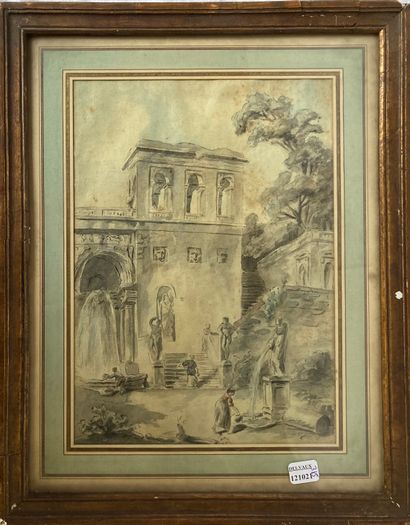 null Early 19th century FRENCH SCHOOL: ROMAN FOUNTAIN WITH PEOPLE. Indian ink wash...