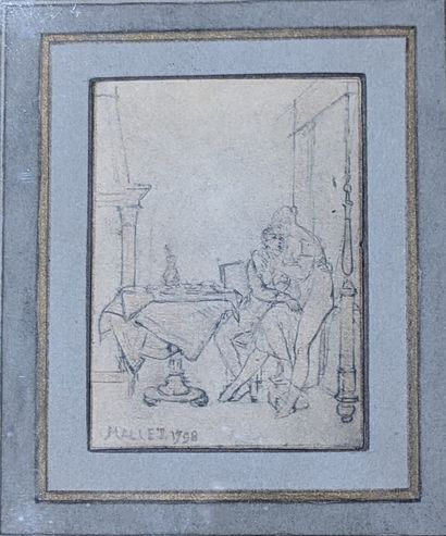 null FRENCH SCHOOL of the end of the 18th century: COUPLE IN AN INTERIOR. Pencil,...