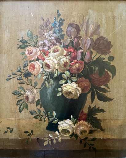 null In the style of the XVIIIth century: VASE OF FLOWERS ON A STAND. Oil on panel....