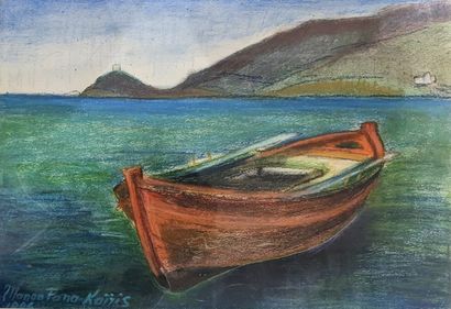null Manon PANA-KAIRIS (1931-2021) : FISHING BOAT - FACADES OF A HOUSE. Two oil pastels...