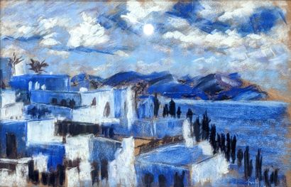null CONTEMPORARY SCHOOL: VIEW OF CHORA, PATMOS. Pastel on paper, signed illegibly...