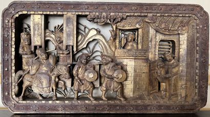 null Wooden panel carved with day and gilded, decorated with a procession of characters....