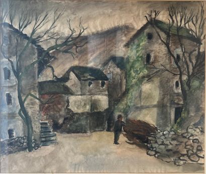null Erich BRILL (1895-1942): WOODCUTTER IN A HAMLET. Watercolor and ink, signed...