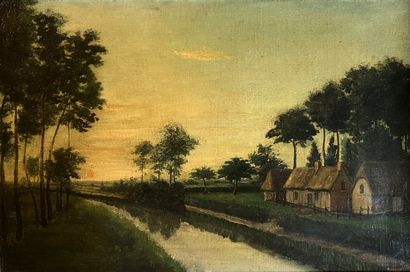 null FRENCH SCHOOL OF THE XIXth CENTURY: CHAUMIERE EN BORD DE CANAL. Oil on canvas....