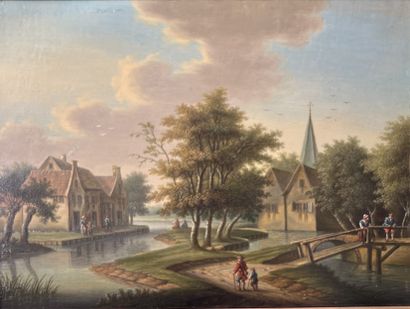 null HOLLAND SCHOOL in the style of the XVIIth century: ANIMATED LANDSCAPE. Oil on...