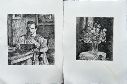 null R. TH.*** (Modern school) : BOUQUET OF FLOWERS - MAN WITH A TABLET. Two etchings....