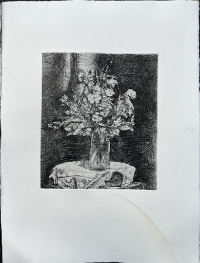 null R. TH.*** (Modern school) : BOUQUET OF FLOWERS - MAN WITH A TABLET. Two etchings....