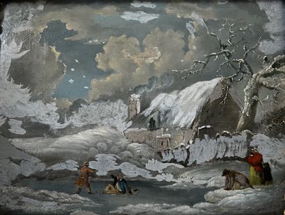 null In the taste of Georges MORLAND: SKATING IN A SNOW LANDSCAPE. Oil on panel....