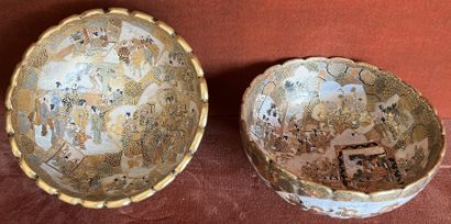 null Pair of Satsuma earthenware ribbed bowls decorated with polychrome enamels and...