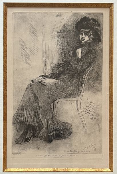 null Félicien ROPS (1833-1898) : THE ONE WHO MAKES THE ONE WHO READS MUSSET. Etching....