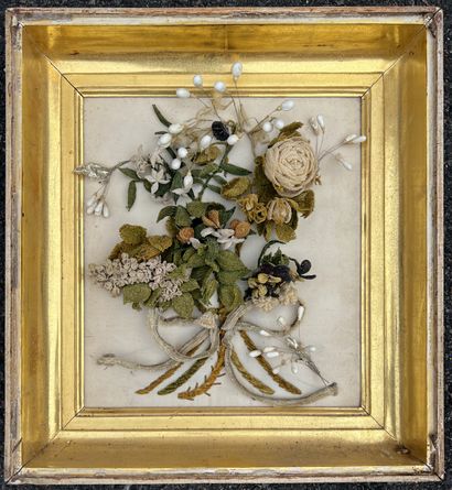 null Bouquet with chenille and silk flower buds in a gilded wood frame. Work of a...