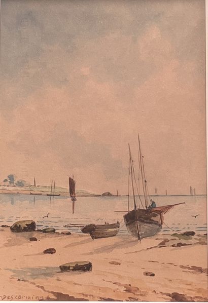 null A. DESCORMIERS (XXth century) : SAILBOATS ON THE SEASIDE. Suite of three watercolors,...