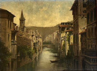 null School of the XXth century: HOUSES ON THE LANDSCAPE, in a mountain town. Oil...