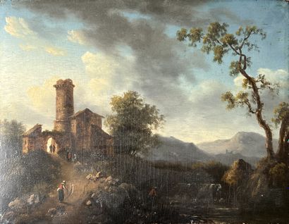 null ITALIAN SCHOOL in the taste of the 18th century: ANIMATED LANDSCAPE WITH A TOWER...