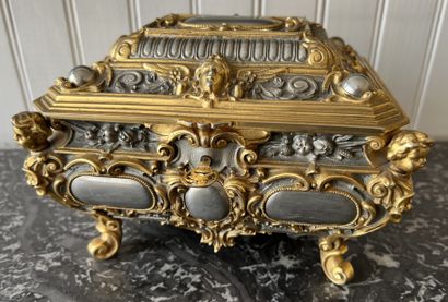 null Jewelry box in bronze with gold and silver patina simulating a chest of drawers....