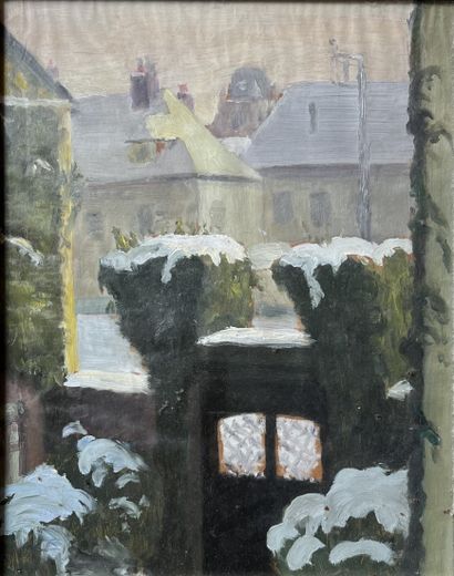 null 20th century FRENCH SCHOOL: ROOFS UNDER THE SNOW. Oil on paper. 31 x 39 cm.