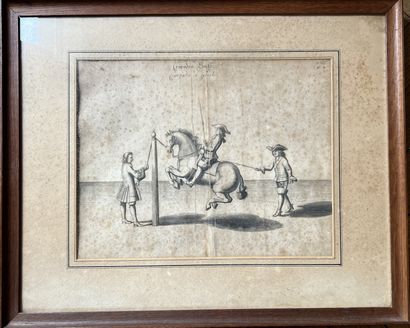null Set of pieces framed under glass: - engraving Croupade on the left (equestrian...