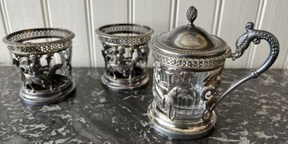 null Silver tableware (950), decorated with torchbearers riding dogs. Includes a...