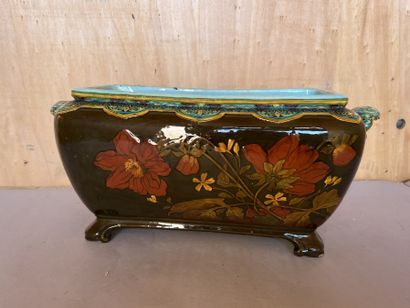 null O. MILLET in Sèvres. Rectangular earthenware planter with floral decoration...