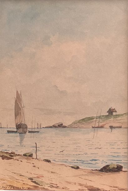 null A. DESCORMIERS (XXth century) : SAILBOATS ON THE SEASIDE. Suite of three watercolors,...