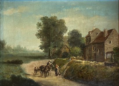 null J. BOLEY: CART HITCHED IN FRONT OF A THATCHED COTTAGE. Oil on canvas, signed...