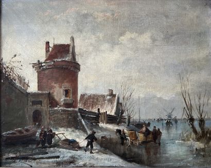 null Auguste Maillet RIGON (1850-1884) : SKATERS IN A LANDSCAPE WITH THE OLD FORTIFIED...