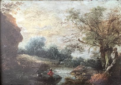 null FLEMISH SCHOOL: FISHERS IN A LANDSCAPE. Oil on panel. 15 x 21 cm.