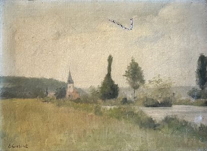 null E. CARIOT (XXth century) : VILLAGE BY THE RIVER. Oil on canvas, signed lower...