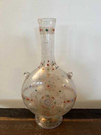 null Bubble glass flask with gold and polychrome enamelled decoration of friezes...