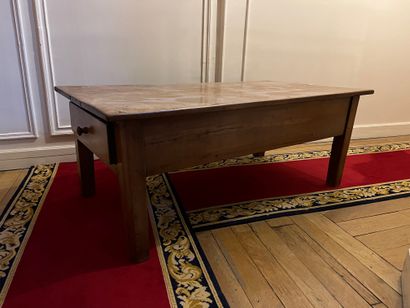 null Coffee table in fruit wood, with two side drawers. The legs are on the sides,...