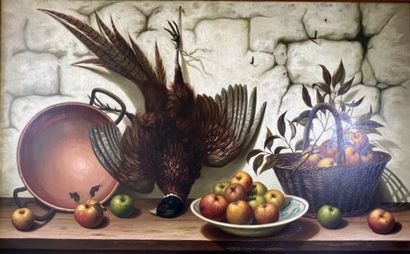 null Philippe BONAMY (born in 1926) : STILL LIFE OF FRUITS AND GAME ON AN ENTABLATURE....