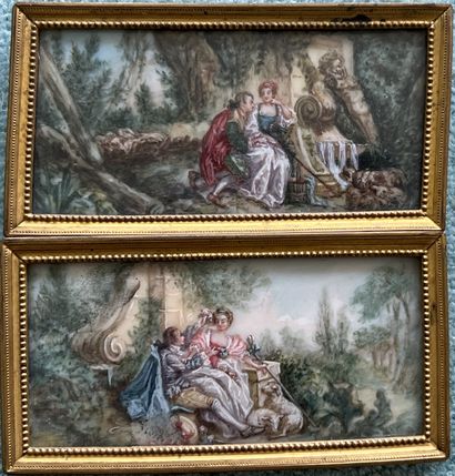 null Pair of miniatures with pastoral subjects in the style of Boucher. 4,3 x 8,4...