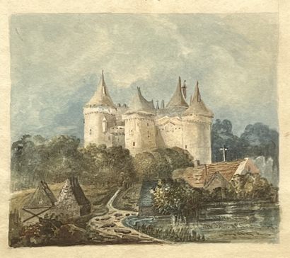 null FRENCH SCHOOL circa 1900: FORTIFIED CASTLE. Watercolor and gouache. 18 x 24...