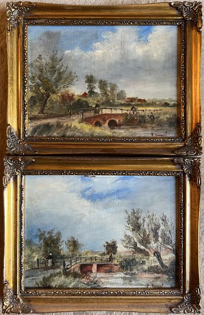 null P. BORREL: CHARACTERS IN A LANDSCAPE WITH A BRIDGE. Two small oil paintings...