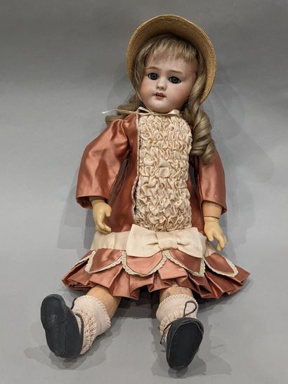 null German doll, porcelain head marked DEP T.8, blue mobile eyes, open mouth on...