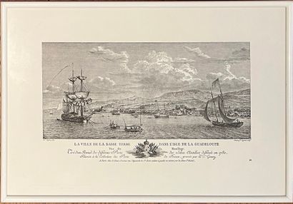 null Paire de gravures en noir. "Vue de Pointe-à-Pitre en 1871" - "La ville de Basse-Terre...