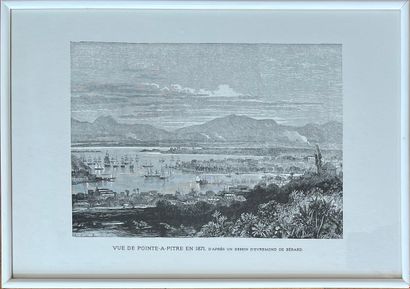null Paire de gravures en noir. "Vue de Pointe-à-Pitre en 1871" - "La ville de Basse-Terre...