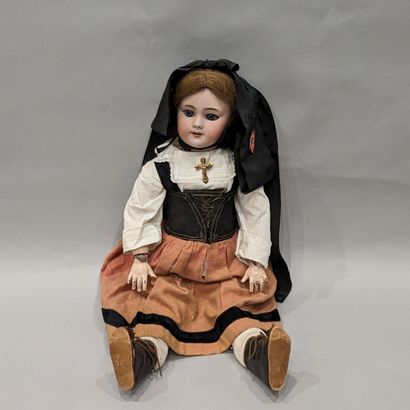 null German doll, porcelain head marked DEP T.9, blue eyes (glued back), mouth open...