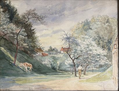 null Léon-Pierre DELAMBRE (1846-1916) : LA VACHE ECHAPPEE. Watercolor, signed lower...