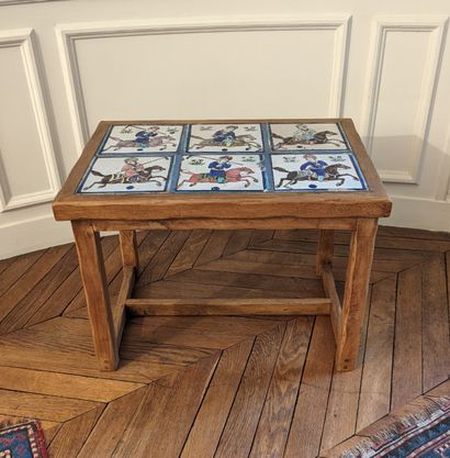 null Natural wood coffee table, the rectangular top decorated with six polychrome...