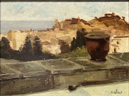 null COLLAS***: POT ON A TERRACE. Oil on canvas mounted on cardboard, signed lower...