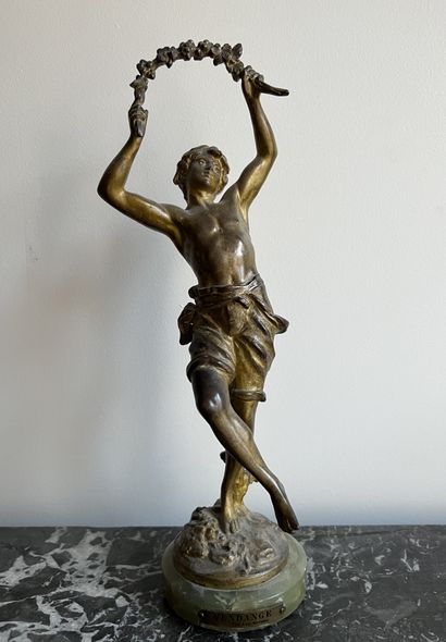 null After Auguste MOREAU. Harvesting. Statuette in regula with golden patina, on...