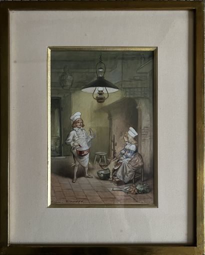 null Firmin-Etienne BOUISSET (1859-1925) : JEUNES MARMITONS. Watercolor and gouache,...